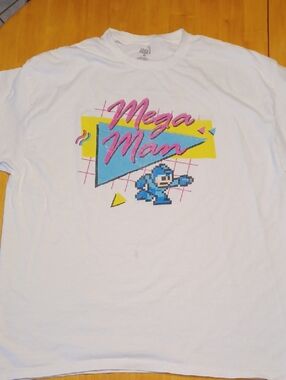 Brisco Mega Man Graphic Tee - White Pink & Blue Retro Print 100% Cotton Size XL